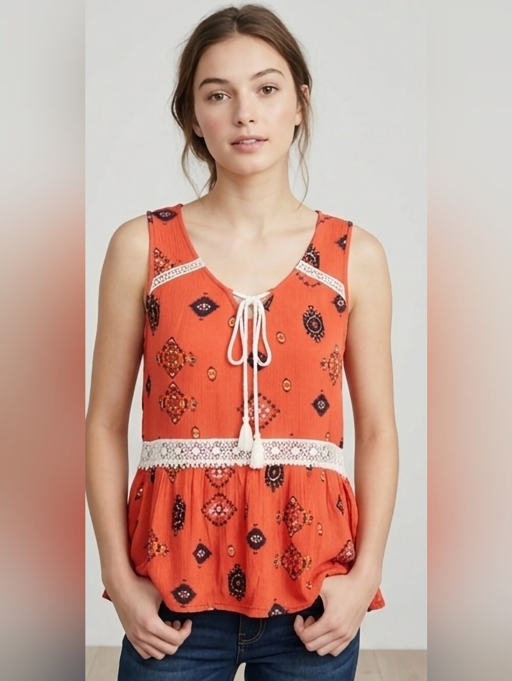 Mossimo Supply Co. 100% Rayon Boho Orange Printed Sleeveless Peplum Top XS